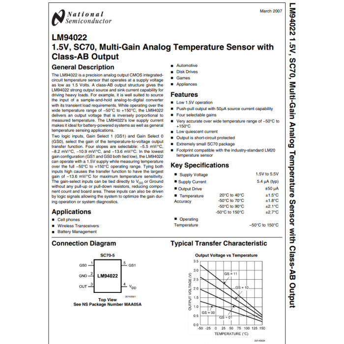National Semiconductor Corp - LM94022BIMG - Sensor, temperature. -50 to 150 Deg C.