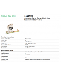 Square D - 9999SX6 - Auxiliary Contact 1NC for size 00-7 starter.